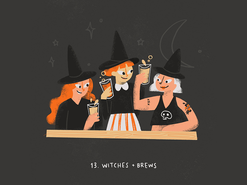 Witches + Brews beer bewitched brewery brewing brews character illustration design doodle halloween hocus pocus illustration illustrator mcm spooky spooky season twitches witch witch illustration witches woman illustration