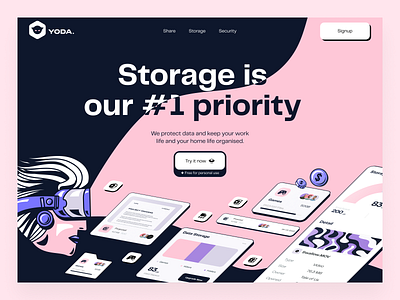 YODA - Cloud Storage Landing Page cloud component design system illustration landing page landingpage minimalist product design saas startup storage themeforest ui ui kit ux web app web site webdesign website yoda