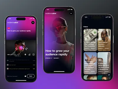 Audience+ | Media Player audience brand comments event gradient interactions iphone iphone14 layout likes live marketing mobile modern pink plus purple reponsive utopia web3