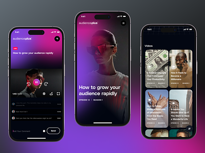 Audience+ | Media Player audience brand comments event gradient interactions iphone iphone14 layout likes live marketing mobile modern pink plus purple reponsive utopia web3