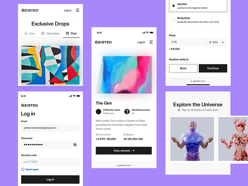 NFT marketplace – Mobile screens app artwork auction blockchain cards figma marketplace minimalistic mobile nft product design responsive ui web 3 web3