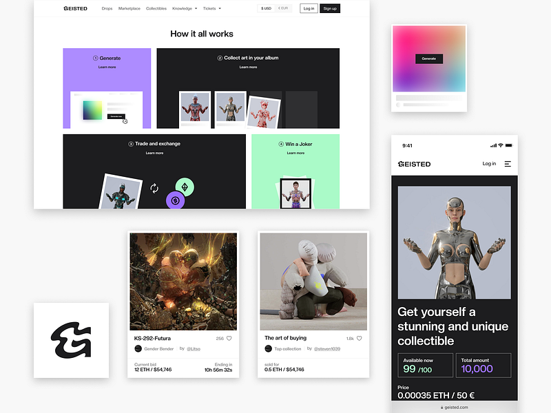 NFT Marketplace – Artwork cards artwork cards collectible design figma marketplace nft product design ui web3