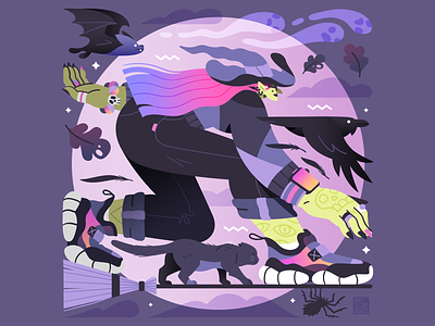 Surfing Witch (v2) 🎃 autumn bat bird cat character connected crow fall fashion ghost halloween illustration leaf magic moon sneakers spider surf vector witch