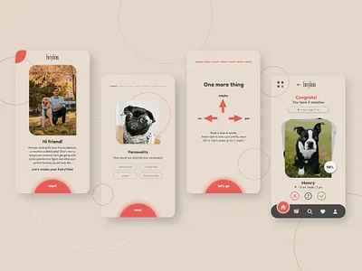 FurryTales pet matching app app design matching mobile app onboarding pet shelter swipe ui ux