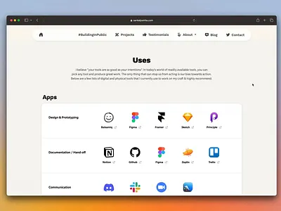 Sankalpsinha.com → Uses page apps card ui cards dashboard database hardware list list ui personal website portfolio portfolio website sections toolkit tools ui