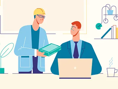 Office situation books branding character conversation desk employee engineer flat style illustration interior laptop office plant vector