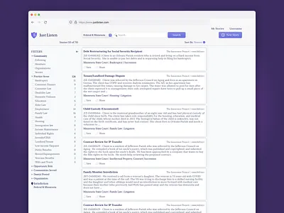 Legal Case Marketplace catalog catalog archetype community e commerce ecommerce feed filter legal cases list marketplace pro bono product listing search sort store ui ux uiux ux web application web design