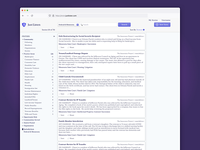 Legal Case Marketplace catalog catalog archetype community e commerce ecommerce feed filter legal cases list marketplace pro bono product listing search sort store ui ux uiux ux web application web design