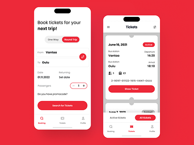 Bus Ticket Booking 🚌 - Mobile App app booking booking app bus bus app clean concept design interface ios minimal mobile mobile app red ticket ticket app ticket booking tickets travel ui