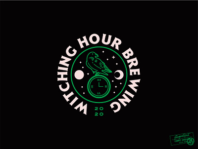 Witching Hour Brewing badge bird black brand branding celestial circle circular clock emblem green line lines minimal moon simple star sun time white