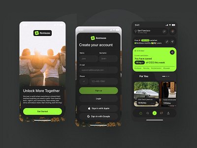 RentEase Mobile Application Design app application bento branding card create account e com ecommerce flow green logo mobile signin signup ui ux uxui