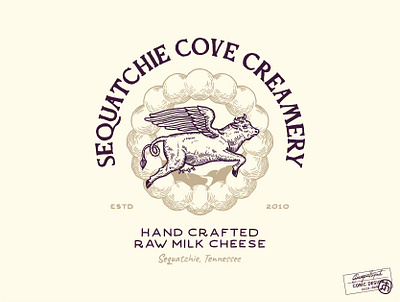 Sequatchie Cove Creamery animal badge branding cheese cloud cow creature emblem graphic design hand drawn landscape logo logo design milk mythology retro south typography vintage wings