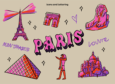 Paris Icons and Lettering architecture color doodle eiffel fashion france gif icons illustrations lettering merch paris pattern poster romantic stickers travel
