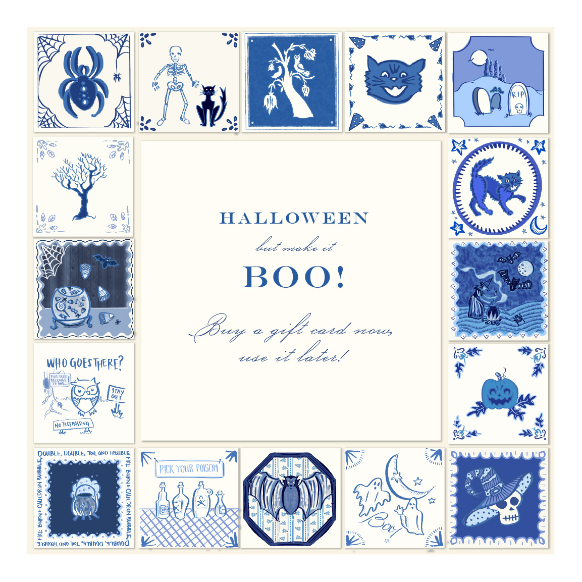 Halloween but make it blue. blue blue and white classic delft halloween