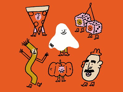 Happy Halloweenie! 🎃🍕🎈🥔🎲👻 costumes design dice doodle funny ghost halloween illo illustration lol pizza potato head pumpkin sketch