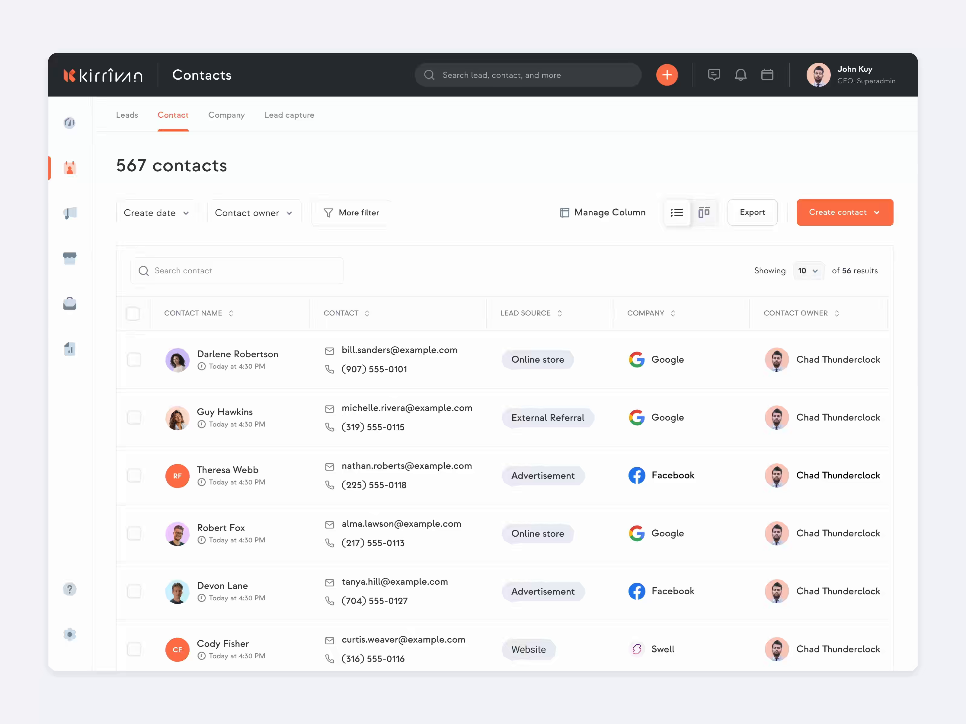 Example of Kirrivan SaaS CRM - Managing Table Column in Contact list