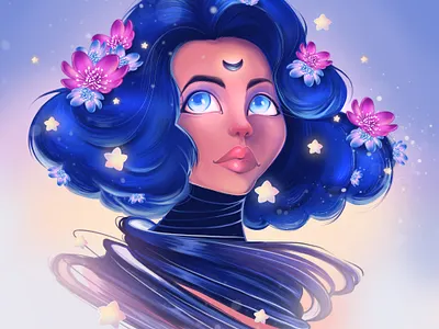 Witch abstract beautiful blue character concept art creative design digital art fantasy female flower girl human illustration kawaii lovely witch