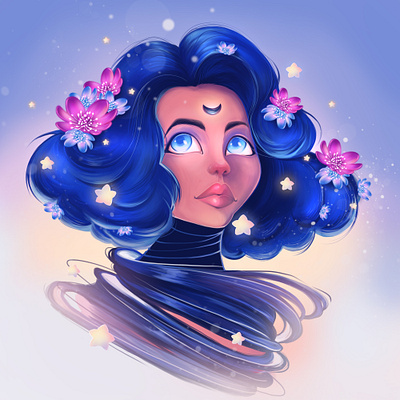 Witch abstract beautiful blue character concept art creative design digital art fantasy female flower girl human illustration kawaii lovely witch