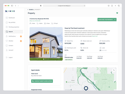 Property Details agent details clean side bar dashboard investor saas web app map view performance overview property dashboard property details property reports purchase property real estate saas saas design search property ui ux