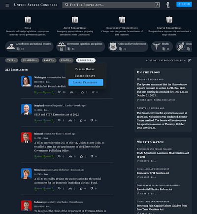 Legislation List Page (Dark) app bills congress design ui web