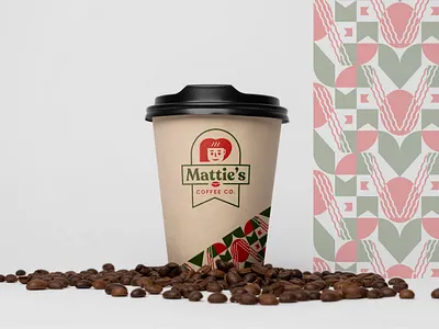 Mattie`s Coffee Co. Logo, Cup + Pattern book store bookmark character coffee coffee cup coffee cup design coffee house coffee store emblem face logo food and drink fooddrink green logo mattie`s coffee co. pattern red