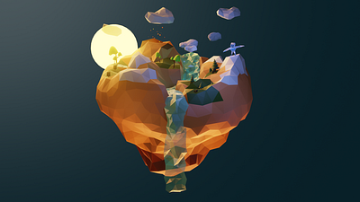 Yeti's Land 3d 3dcharacter 3dmodeling art blender character design cute character island isometric lowpoly microcosm render sunset tree waterfall