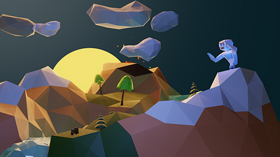 Yeti's Land 02 3d 3dcharcter 3dmodeling art blender character design cute character design isometric lowpoly microcosm render sunset tree volcano yeti