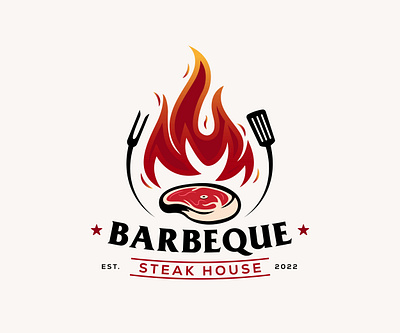 barbeque logo fire concept combined with steak beef and spatula bar barbeque baverage bbq beef branding cafe design fire food graphic design graphic design icon illustration logo restaurant spatula steak vector