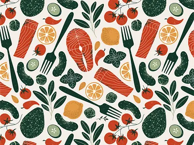 Healthy food branding fork healthy illustration keto pattern retro salmon seamless pattern textured vector vintage xara