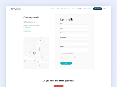 Finolita - Banking platform's contact page address bank banking business company contact form contact page contact us contacts desktop finance fintech form google map map minimal modern trendy ui website