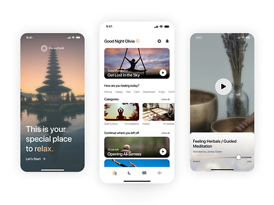 FocusField I Meditation App design home home page landing meditation minimal mobile mobile design onboarding player relax tabbar user interface ux yoga