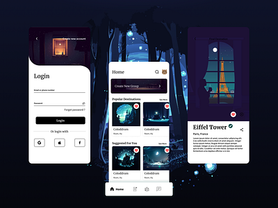Travel App app branding dark mode design graphic design illustration paint sketch typography ui vector