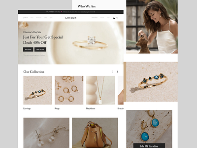 Linjer Jewelry - Website Project aesthetic brown clean design ecommerce emerlard engagement jewelry landingpage luxury married pastel rings shop shopify typography ui ux website woman