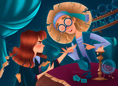 Divination Lesson in Sibyl Trelawney's Study book illustration character character development childrens illustration chsrscter design digital art divination drawing fanart girl harry potter hermione hogwarts illustration magic photoshop procreate professor study