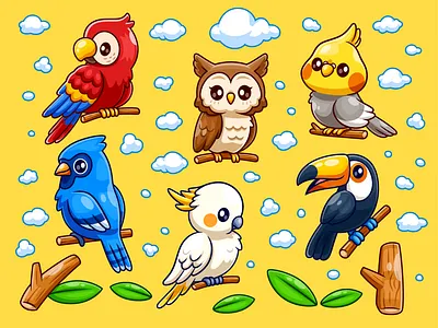 Bird Series Collection🦜🦉🕊️ animal bird branch branding cartoon character cockatoo cute doodle dove flat icon illustration logo nature owl parrot pigeon sparrow