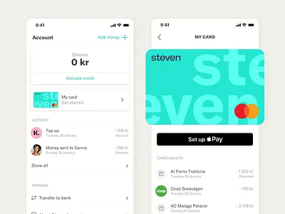 Steven wallet app bank banking bill splitting app design expense app finance fintech mastercard payment card wallet