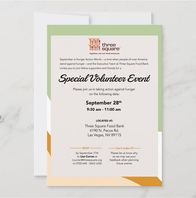 Three Square Special Volunteer Invitation brand branding bright card clean event graphic design green illustration invitation modern orange sleek vector