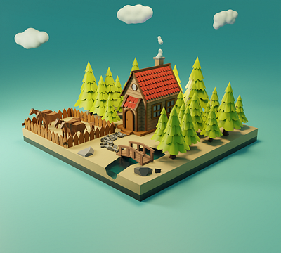 farm house with horses 3d diorama farm house graphic design isometric lowpoly