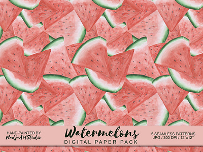 Watercolor watermelons. backdrop background branding design digital paper food fruit grocery hand painted illustration juicy kitchen seamless pattern summer surface design textile wallpaper watercolor watermelon wrapping paper