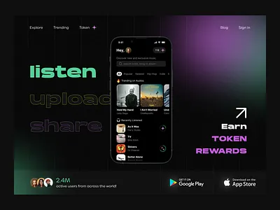 Blockchain-based music streaming platform app application audio blockchain firstscreen gradients landing music player streaming token ui ui design ux