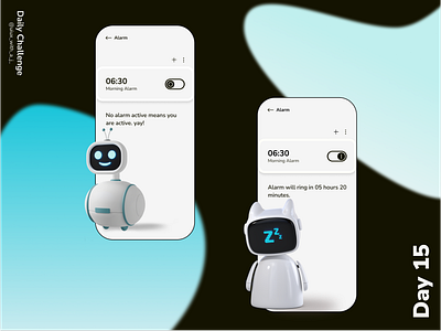 Alarm app ui alarm app app ui artificial black clock cyan daily ui dailyui dark day15 dribbble figma futuristic intelligence robot toggle ui
