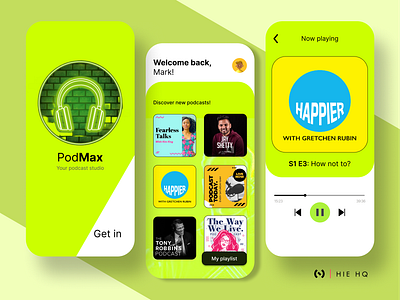 PodMax - Your podcast studio app branding design entertainment green illustration information interaction design logo mobile music music app neon podcast podcast app product product design ui ui design ux