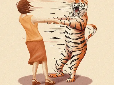 taming your fear artwork book conceptual drawing fear funny illustration metaphor spinning tiger