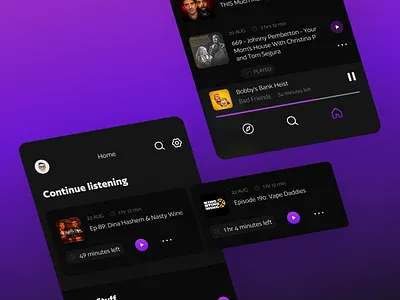 Podcast App Concept audio audiobook card comedy dark dark mode gradient home memoji minimal onboarding screen pink play podcast purple skewed soft shadows tab bar time ui