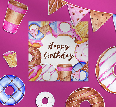 Happy birthday card. backdrop background birthday cake card clipart coffee cupcake design donut food frame greeting card hand painted holiday illustration logo party template watercolor