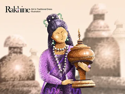 Rakhine Girl in Traditional Dress adobe illustrator ancient pagoda dress illustration fashion design girl golden land grain illustration grainy illustration minimalist myanmar pagoda portrait rakhine dress stipple brush traditional dress vector portrait