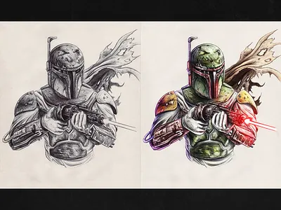 A Merciless Bounty Hunter 2d art art boba fett digital digital art digital painting drawing fan art illustration ink ink drawing mandalorian pen and ink pen art pen drawing photoshop star wars star wars art star wars drawing