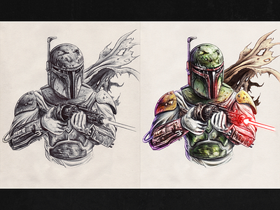 A Merciless Bounty Hunter 2d art art boba fett digital digital art digital painting drawing fan art illustration ink ink drawing mandalorian pen and ink pen art pen drawing photoshop star wars star wars art star wars drawing