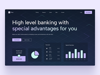 Payo: Landing Page Hero bank bank card banking banking landing page card chart design finance finance landing page finances financial fintech graphic design hero landing page landing page hero ui ux web design website