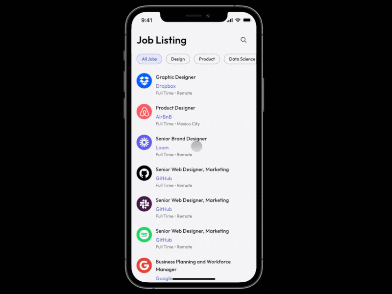 Job Listing animation app design minimal mobile ui